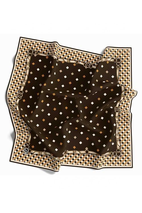 Kristal Kareli Kemer Desenli Kahverengi Renkli 90x90 Eşarp (İpek İçermez) Dikim Şekli : El Dikişi