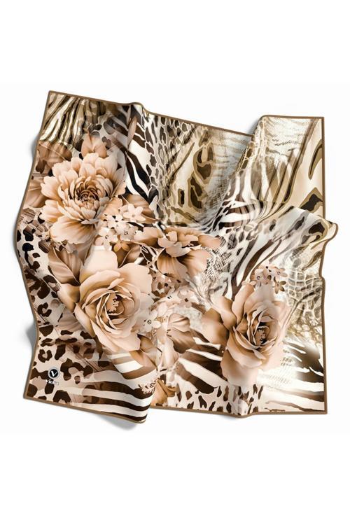 Twill Renkli Şerit Desenli Bej Renkli 90x90 Eşarp (İpek İçermez) Kenar Dikiş Şekli El Dikişli