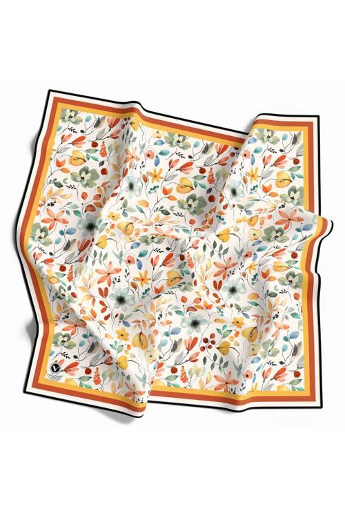 Kristal Bahar Çiçekleri Desenli Taba Renkli 90x90 Eşarp (İpek İçermez) Kenar Dikiş Şekli El Dikişli
