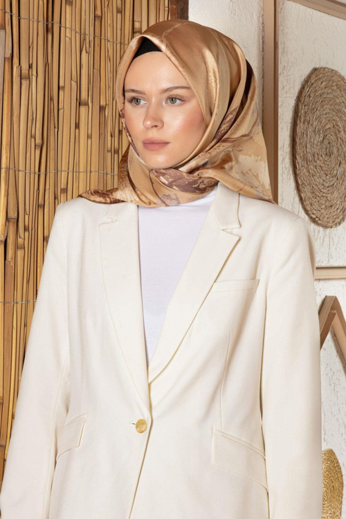 %100 Twill İpek Suluboya Çiçek Desenli Bej Renkli 90x90 Eşarp Dikim Şekli : El Dikişi