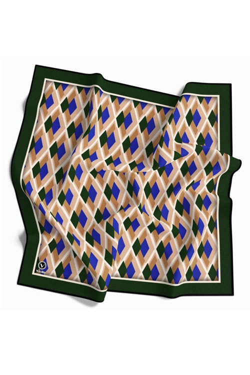 Kristal Geometrik Desenli Zümrüt Yeşili - Saks Renkli 90x90 Eşarp (İpek İçermez) Dikim Şekli : El Dikişi
