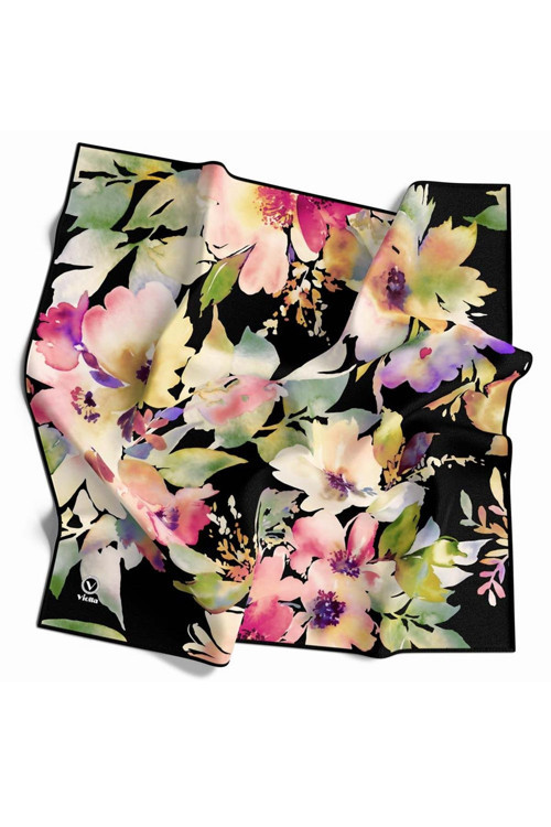 Kristal Büyük Çiçek Desenli Siyah Renkli 90x90 Eşarp (İpek İçermez) Kenar Dikiş Şekli El Dikişli