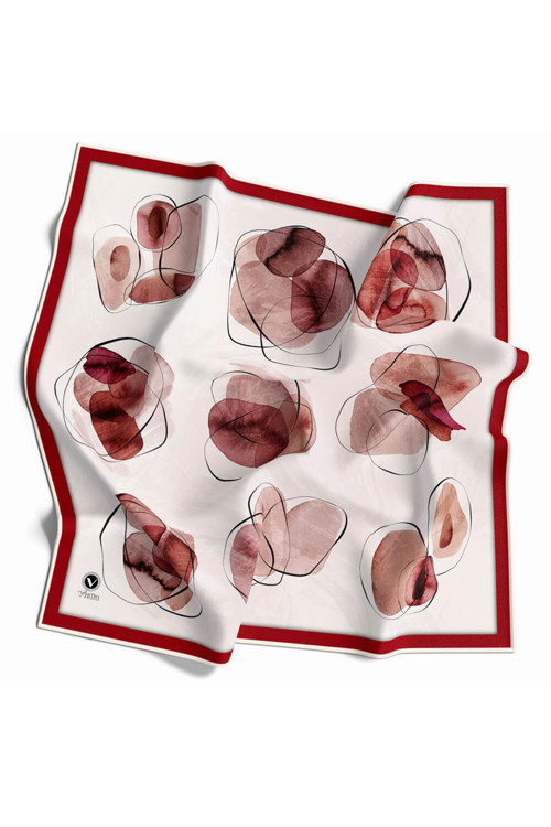 Twill Sulu Boya Geometrik Desenli Bordo Renkli 90x90 Eşarp (İpek İçermez) Kenar Dikiş Şekli El Dikişli