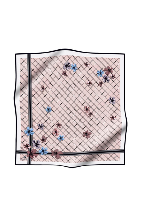 %100 Twill İpek Çıtır Çiçek Desenli Pudra - Bebe Mavisi Renkli 90x90 Eşarp Dikim Şekli : El Dikişi