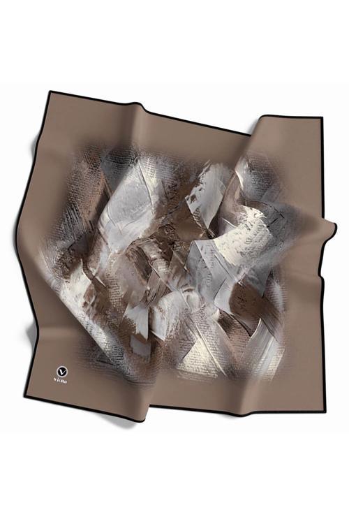 Twill Fırça Efektli Desenli Vizon Renkli 90x90 Eşarp (İpek İçermez) Kenar Dikiş Şekli El Dikişli