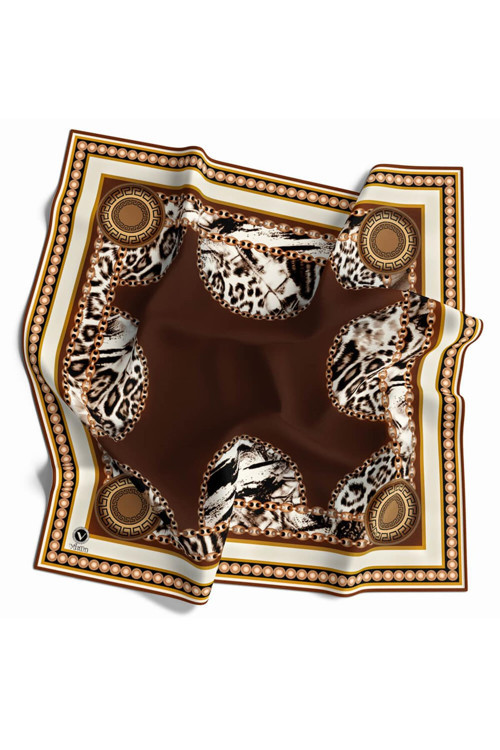 Kristal Zincirli Leopar Desenli Taba Renkli 90x90 Eşarp (İpek İçermez) Kenar Dikiş Şekli El Dikişli