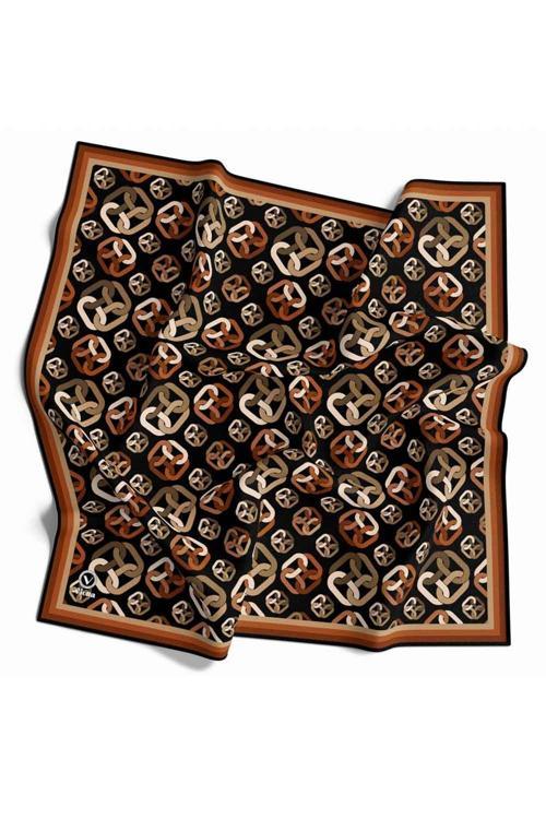 Kristal Zincir Motif Desenli Taba Renkli 90x90 Eşarp (İpek İçermez) Kenar Dikiş Şekli El Dikişli