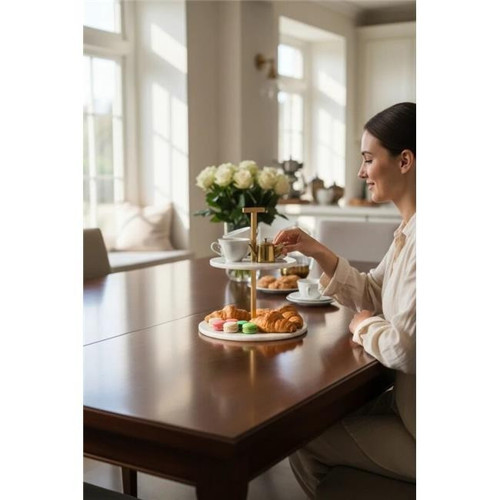 Mermer Beyaz 25 Cm Mat Altın İki Katlı Sunum Tabağı