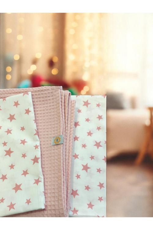 %100 Pamuk Bebek Pike Takımı – Pudra Star Desenli, Yumuşak & Nefes Alan Uyku Seti