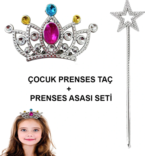 BUĞZ Çocuklar İçin Taraklı Prenses Tacı ve Prenses Yıldız Asa Seti Gümüş