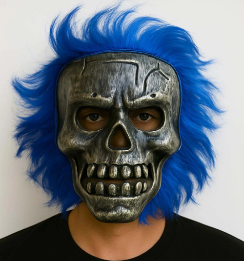 BUĞZ Wild Skull - Gümüş Kafatası Mavi Saçlı İskelet Maske