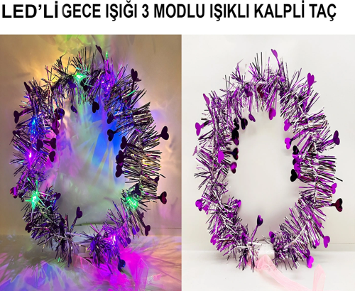 BUĞZ Kalp Püsküllü 3 Modlu LED Işıklı Taç Mor Renk