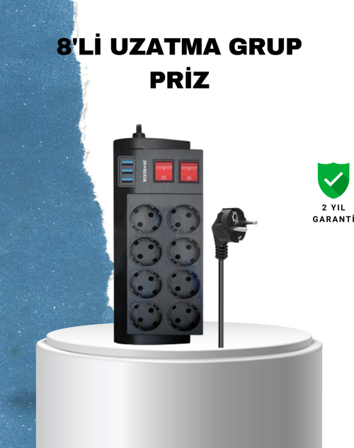 2 Metre Güçlü Çoklu Priz 8 Soket