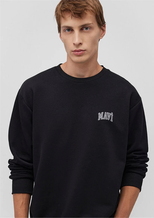 Mavı M0611716-900 Sıyah Erkek Loose Bısıklet Yaka Mavı Baskılı Sweatshırt
