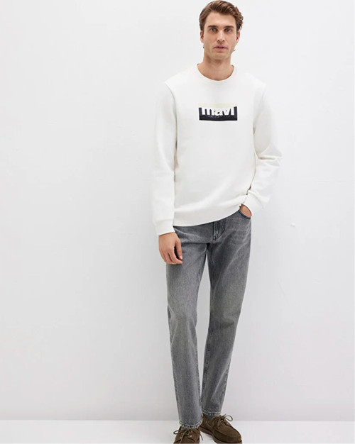 Mavı M0S10203-70057 Kırık Beyaz Erkek Mavı Logo Baskılı Bısıklet Yaka Regular Sweatshırt