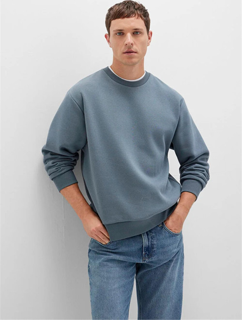 Mavı M0S10276-80889 Fırtına Grı Erkek Bısıklet Yaka Oversıze Basıc Sweatshırt
