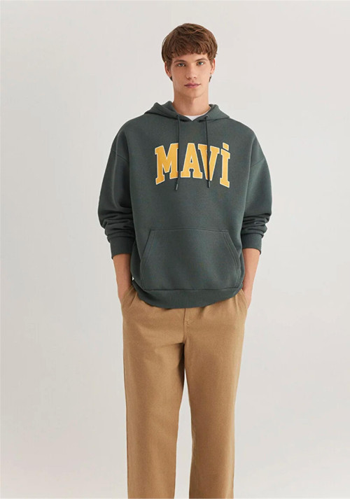 Mavı M067149-71598 Yosun Yesılı Erkek Mavı Logo Baskılı Kapusonlu Oversıze Sweatshırt