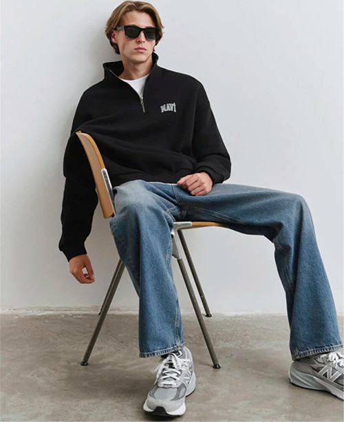 Mavı M0S10208-900 Sıyah Erkek Mavı Logo Baskılı Yarım Fermuarlı Boxy Sweatshırt