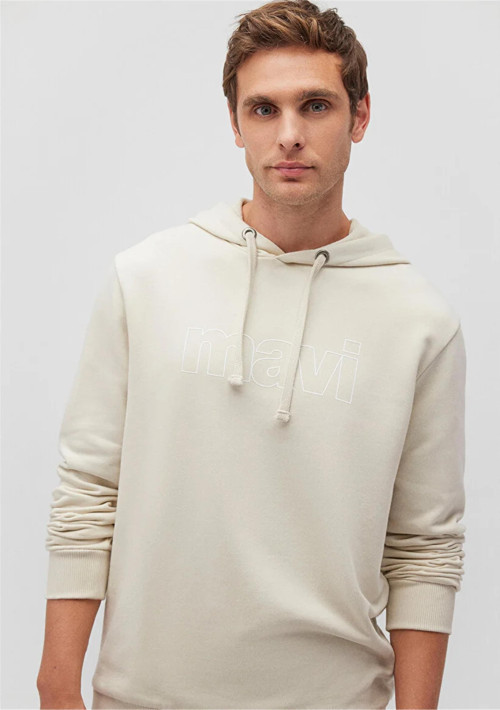 M065606-70134 Kum Beji Erkek Regular Mavi Logo Baskılı Kapuşonlu Sweatshirt