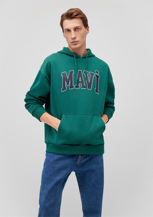 M067149-71874 Zümrüt Yeşil Erkek Oversize Kapuşonlu Logo Sweatshirt