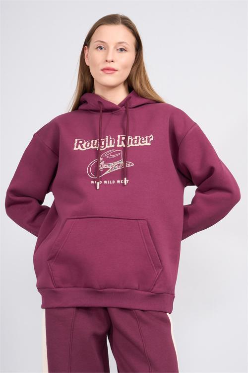 Çetinkaya Fithit 8621 Kadın Kapüşonlu Oversize Baskılı Sweatshirt Mürdüm