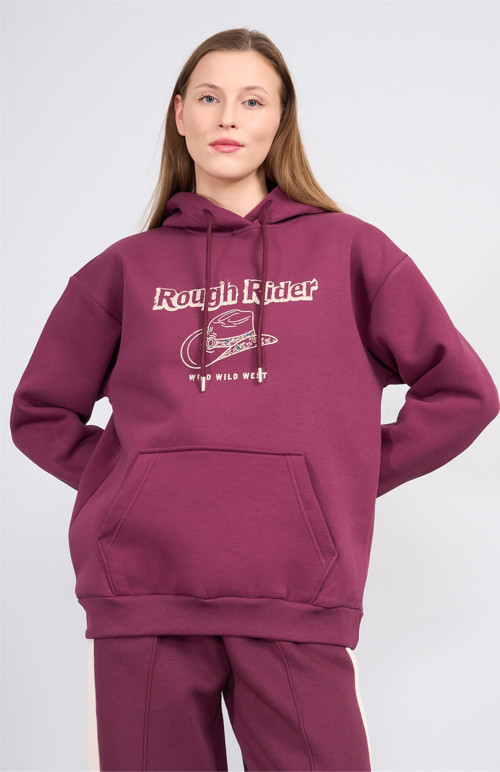 Çetinkaya Fithit 8621 Kadın Kapüşonlu Oversize Baskılı Sweatshirt Mürdüm