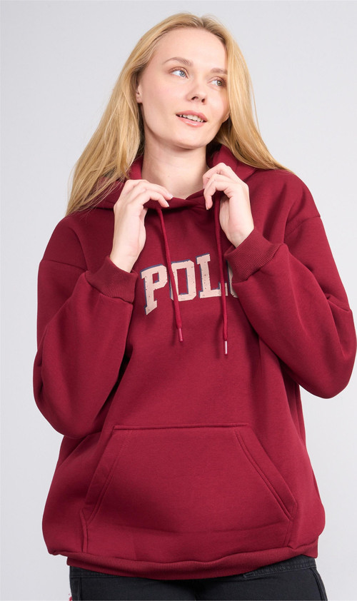 Çetinkaya Chester Polo 8611 Kadın Kapüşonlu 3 İplik Oversize Baskılı Sweatshirt Bordo