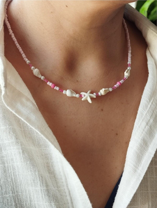 Deniz Yıldızı, Midye Kabuk Charm'Lı Yaz Sıcağı Pembe Kumboncuk Kadın Kolye