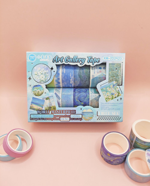 Art Vintage Washi Tape Bant Yapışkanlı Maskeleme Kağıdı Desenli Bant 12'li - Mavi Van Gogh Tabloları