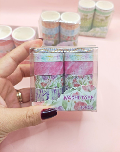 Vintage Washi Tape Bant Baskılı Yapışkanlı Maskeleme Kağıdı 45D Desenli Bant 10'lu - Pembe Çiçek Gül