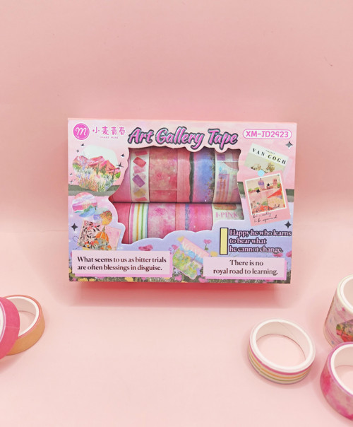 Art Vintage Washi Tape Bant Yapışkanlı Maskeleme Kağıdı Desenli Bant 12'li - Pembe Van Gogh Tabloları