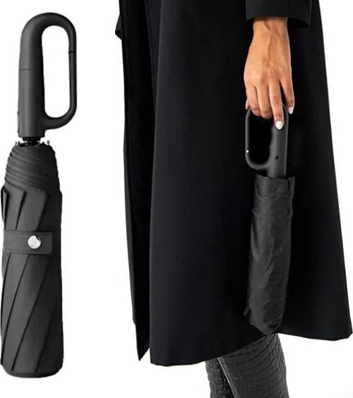 10 Fiber Telli Tam Otomatik Şemsiye Güçlendirilmiş Telli Kanca Saplı Şemsiye - Siyah