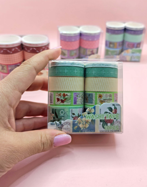 Vintage Washi Tape Bant Baskılı Yapışkanlı Maskeleme Kağıdı Desenli Bant 10'lu - Yeşil Pul Mektup