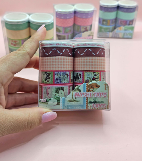 Vintage Washi Tape Bant Baskılı Yapışkanlı Maskeleme Kağıdı Desenli Bant 10'lu - Bordo Pul Mektup