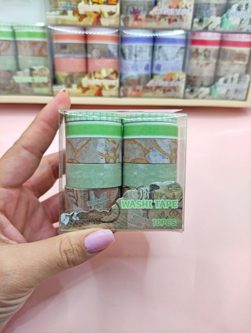 Vintage Washi Tape Bant Baskılı Yapışkanlı Maskeleme Kağıdı 45F Desenli Bant 10'lu - Yeşil Tarihi Bina