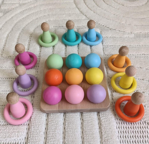 Montessori Eşleştirme Tablalı Top Halka Peg Bebek Seti - 9 Renk