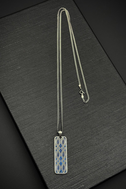 925 Ayar Gümüş İtalyan Model Lacivert Zirkon Taşlı Gümüş Renk Erkek Kolye FRJ30762-862-L2