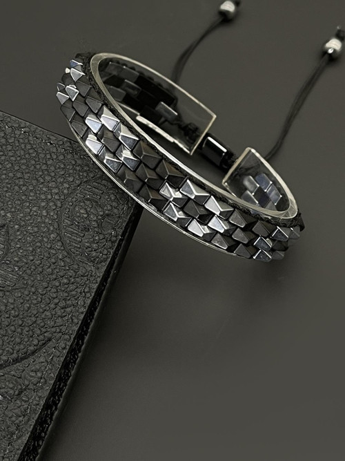 Hematit Doğal Taşlı Siyah Renkli Ayarlanabilir Makrome Erkek Bileklik FRJ11672-1772-B2A