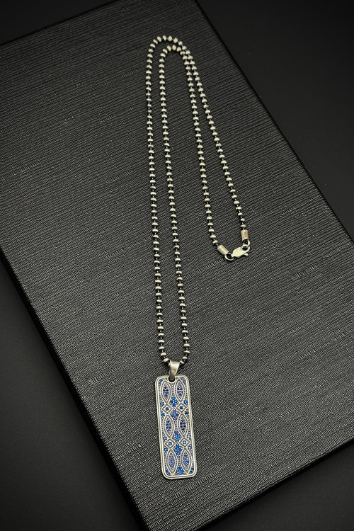 925 Ayar Gümüş Zirkon Taşlı Lacivert Renk Erkek Kolye FRJ30762-862-L