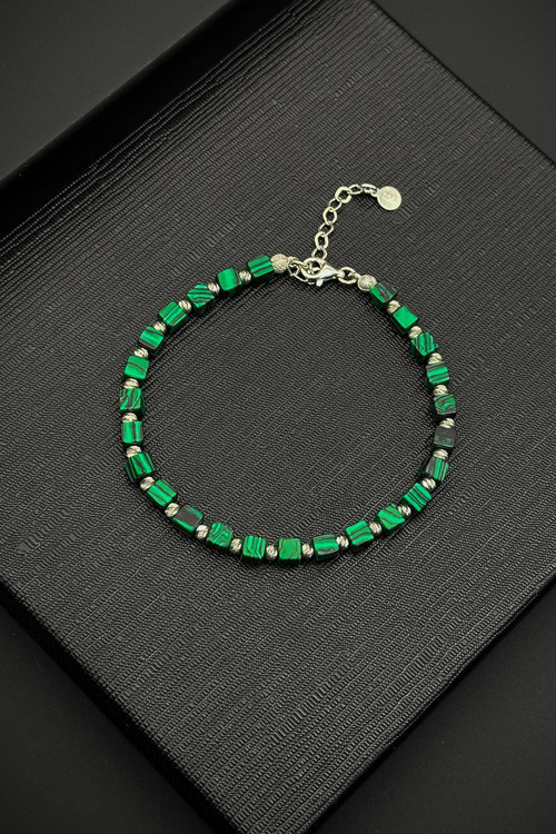 925 Ayar Gümüş ve Malahit Doğal Taşlı Yeşil Renk Erkek Bileklik FRJ11843-1943-Y2