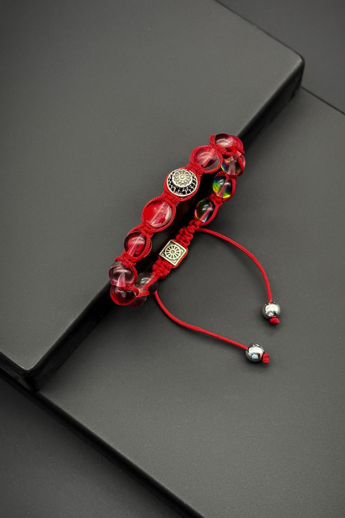 Kubbe Model Termal Kuvars Doğal Taşlı Kırmızı Renkli Ayarlanabilir Makrome Erkek Bileklik FRJ11464-1564-K3