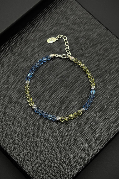 925 Ayar Gümüş ve Swarovski Taşlı Sarı-Mavi Renk Erkek Bileklik FRJ12383-3383-SM
