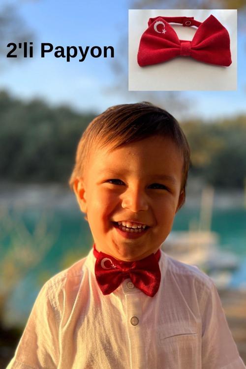 2'Li Ay Yıldızlı Papyon, Kırmızı Beyaz Papyon, 2 Adet Bayraklı Papyon