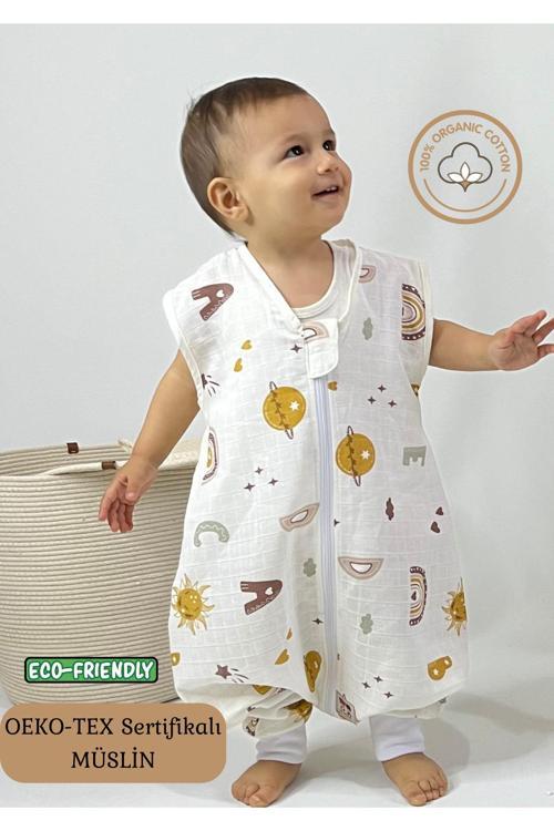 Yazlık Müslin Uyku Tulumu, 0.5 Tog Tek Katlı Çocuk Uyku Tulumu,Gökkuşağı Desenli Bebek Unisex Tulum