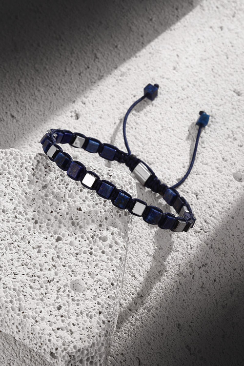 Lapis Lazuli Taşlı Küp Kesim Lacivert Renkli Ayarlanabilir Erkek Bileklik FRJ11255-1355-L