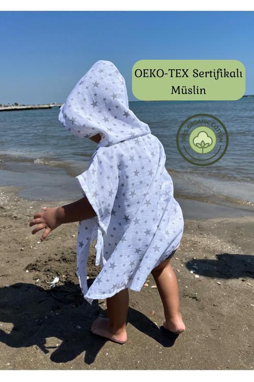 Müslin Plaj Pançosu, %100 Pamuk Çocuk Bornozu, Bebek Deniz Havuz Havlusu,