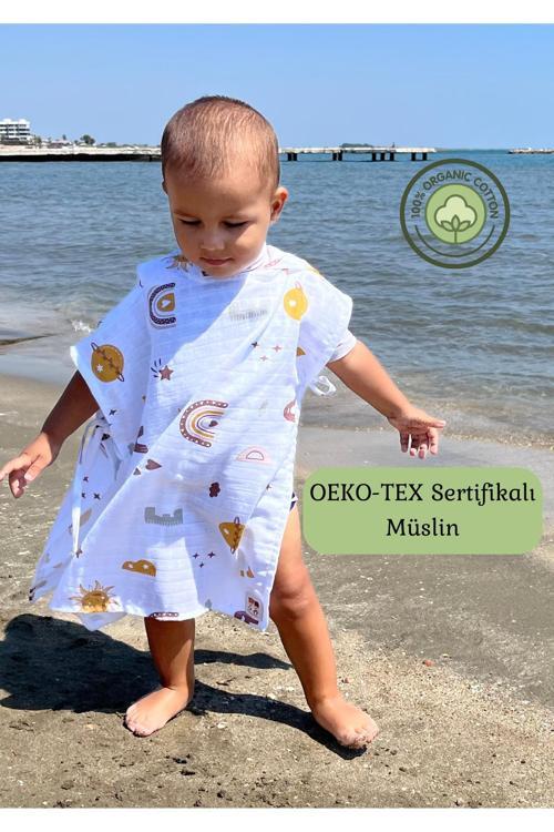 Müslin Plaj Pançosu, %100 Pamuk Çocuk Bornozu, Bebek Deniz Havuz Havlusu,