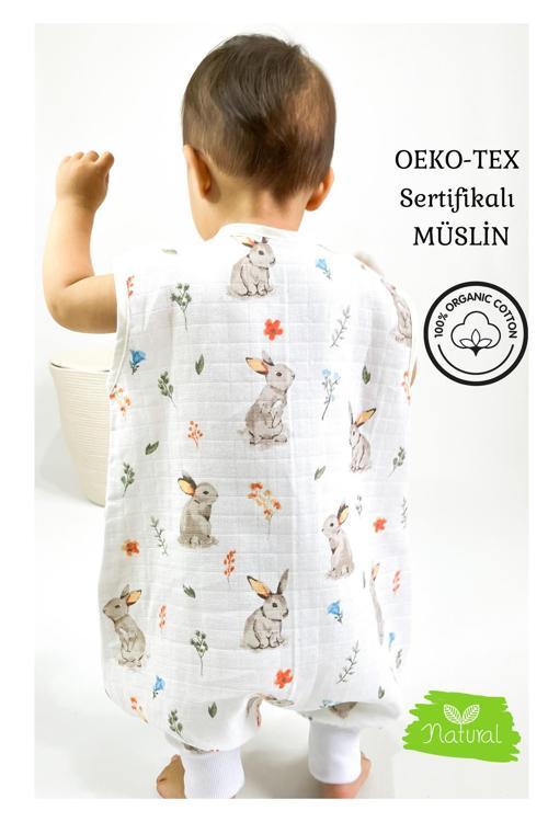Yazlık Müslin Uyku Tulumu, 0.5 Tog Tek Katlı Çocuk Tulumu, Kız Erkek Bebek Tavşanlı Unisex Tulum