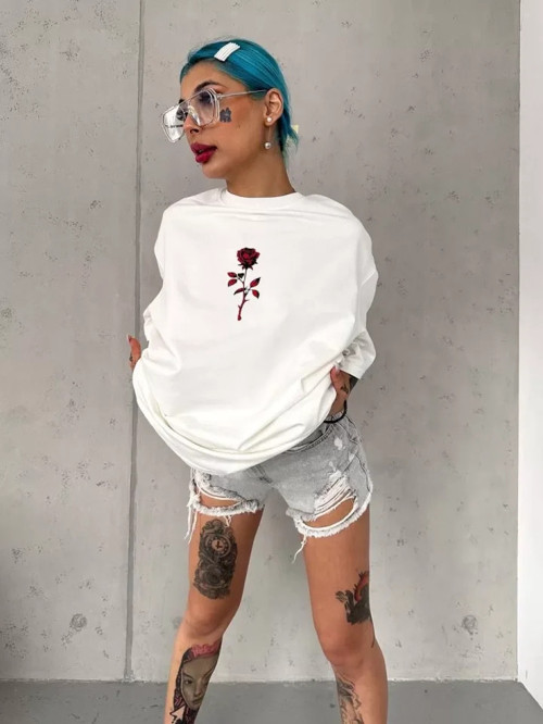 Unisex Bisiklet Yaka Baskılı Oversize TShirt