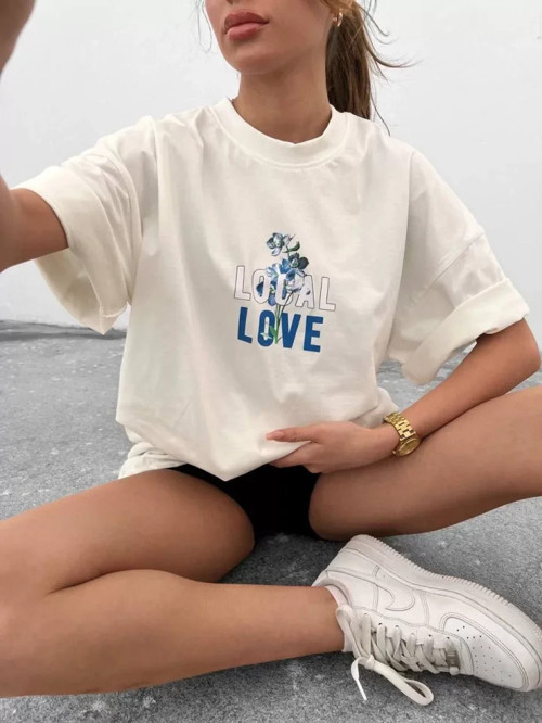 Unisex Bisiklet Yaka Baskılı Oversize TShirt